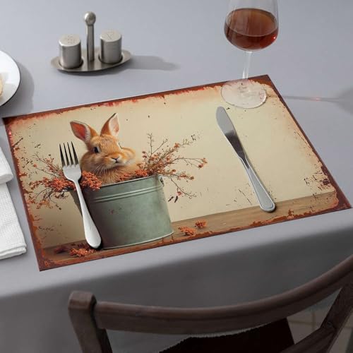 Tischläufer mit süßem Kaninchen im Eimer mit Herbstblumen. Esstischsets, Küche und Esszimmer, Western-Tischdecke (1 Stück) von PKRD