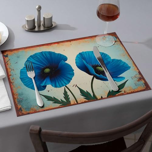 Tischläufer mit zwei blauen Mohnblumen mit grünen Blättern. Esstischsets, Küche und Esszimmer, Western-Tischdecke (1 Stück) von PKRD