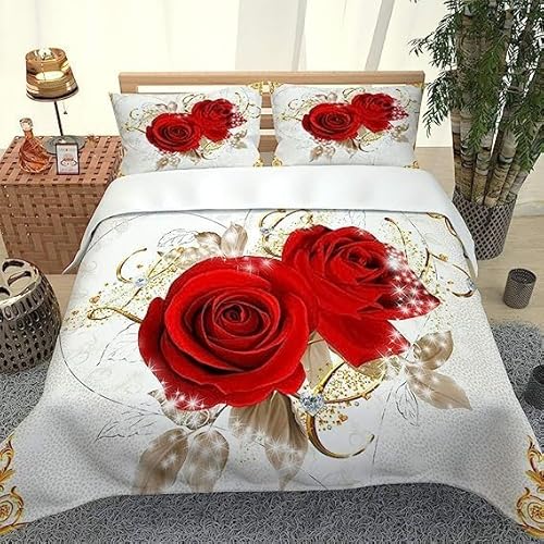 courti Bettwäsche 240x220cm mit 2 Kissenbezügen 50x75cm Kreative rote Rose 3D Microfaser Bettbezug Set weiche Flauschige Bettbezug Set 3 Teilig mit Reißverschluss von courti