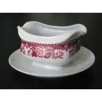 Vintage Mitterteich Bavaria Rote Florale Soße Boot Mit Untere Platte von PKsLoft