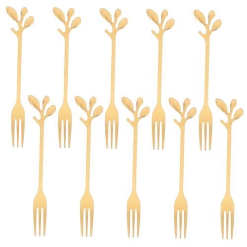 PLAFOPE 10 Stück Teiliges Goldfarbene Edelstahl fruchtgabeln mit Blattmotiv Kleine Dessertgabeln für Salate Fisch und Pickles Leicht Tragbar für Hochzeit Party und Outdoor einsätze von PLAFOPE
