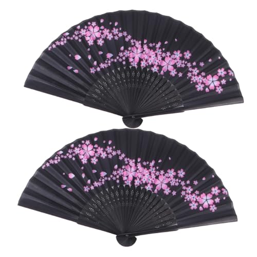 PLAFOPE 2 Stück Chinesische Faltfächer Schwarz mit Blumenmuster Seidenstoff Handfächer aus Bambus Leicht und Tragbar für Sommer Hochzeit Outdoor Bühne von PLAFOPE