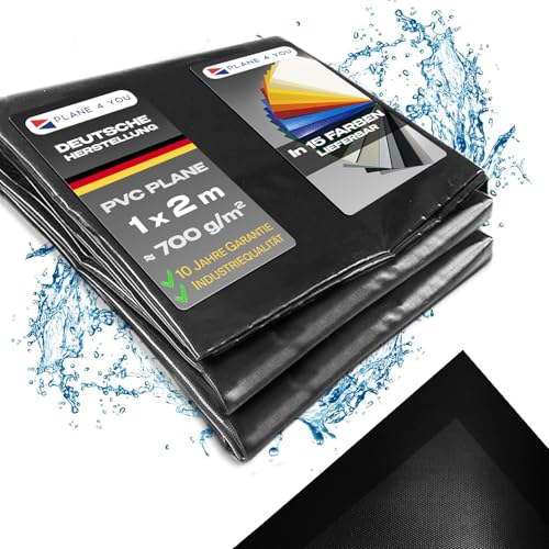 Abdeckplane Wasserdicht 1x2m I Ohne Ösen I Schwarz - Glänzend I Abdeckung für Gartenmöbel, Sandkasten, Pool und Boot I PVC LKW Plane Meterware I Gewebeplane I Tarp I mit Randverstärkung von PLANE 4 YOU