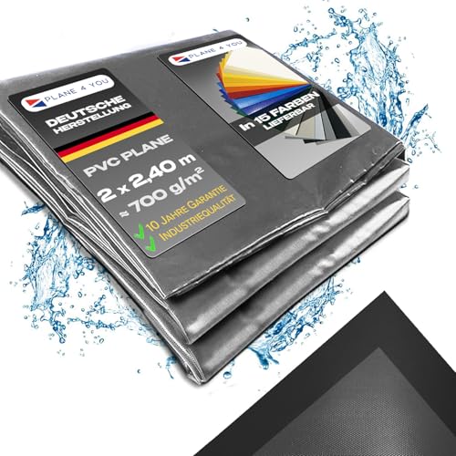 Abdeckplane Wasserdicht 2x2,4m I Ohne Ösen I Grau - Glänzend I Abdeckung für Gartenmöbel, Sandkasten, Pool und Boot I PVC LKW Plane Meterware I Gewebeplane I Tarp I mit Randverstärkung von PLANE 4 YOU