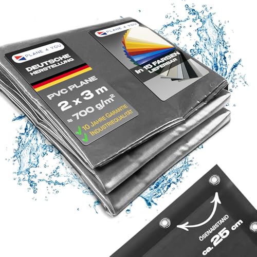 Abdeckplane Wasserdicht 2x3m mit Ösen Ø 10mm I Ösen-Abstand Jede 25cm I Grau - Glänzend I Abdeckung für Gartenmöbel, Sandkasten, Pool und Boot I PVC LKW Plane Meterware I mit Randverstärkung von PLANE 4 YOU