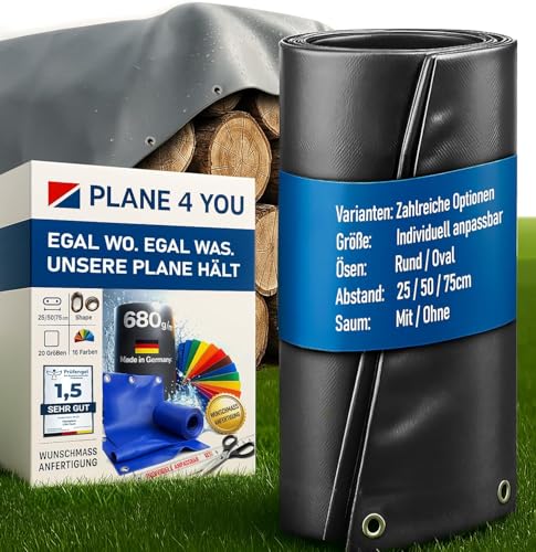 wasserdichte Abdeckplane nach Maß Mit Saum – 2x2m oder schmaler – mit Ösen/Ovalösen ca. Jede 25cm – 680g/qm – Gewebeplane Meterware – PVC Allzweckplane – LKW Plane in 16 Farben von PLANE 4 YOU