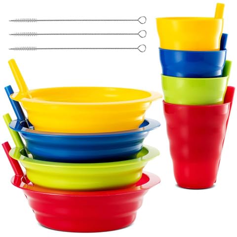 Plaskidy Müslischalen mit Strohhalmen und Kinder-Trinkbecher – Set von 4 Schalen mit Trinkhalmen für Kinder, und 4 Trinkhalmbecher für Kinder, spülmaschinenfest, ideal für Kinder und Kleinkinder von PLASKIDY