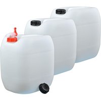 3er Set: 30 Liter Getränke u.Trinkwasserkanister Wassertank Behälter Natur mit 1 Hahn und 3 Schraubdeckel (din 61) Lebensmittelecht Tragbar Indoor von PLASTEO