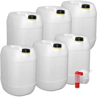 plasteo 6er Set: 30 Liter Getränke- Wasserkanister Natur mit Schraubdeckeln und 1 Ausgießhahn (DIN 61) Lebensmittelecht Tragbar und Robust Indoor und von PLASTEO