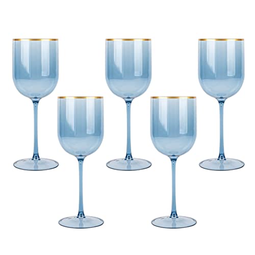 Blaue Weinbecher mit Goldrand, Kunststoff-Weingläser, 5er-Set, elegante Weinkelche, Hartplastik, Weinbecher auf Stiel, 340 ml von PLASTICPRO