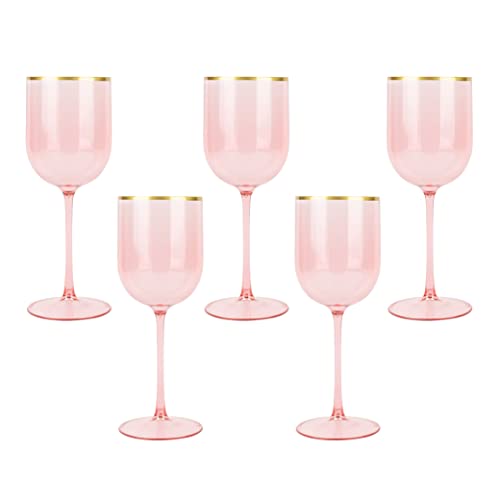 PLASTICPRO Weinbecher aus Kunststoff mit Goldrand, 10 Stück, elegante Weinkelche, Hartplastik, Weinbecher auf Stiel, 340 ml, Rosa von PLASTICPRO