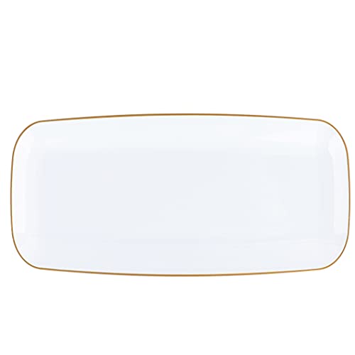 Plasticpro Kunststoff-Serviertabletts – Servierplatten Einweg-Partyschale weiß, (2, rechteckiges weißes Tablett mit Goldrand 25,4 cm) von PLASTICPRO