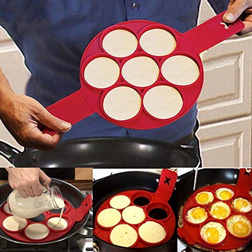 PLASTIFIC Pfannkuchenformen Silikon Backform Eiermacher Pfannkuchen Flipper Eierring Antihaft Silikon Runde Eier Ringe (Rot 7 Löcher) von PLASTIFIC