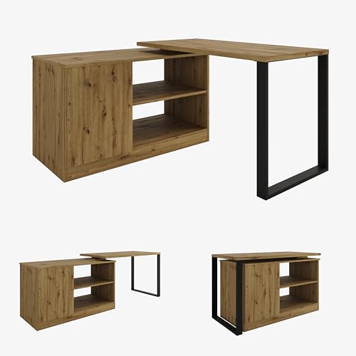 Drehbarer Schreibtisch Rio 3-in-1 – Platzsparender Eckschreibtisch, Kommode & Arbeitstisch – 360° Drehbar, 210 cm – Modernes Homeoffice & Kleines Büro (Eiche Artisan) von PLATAN ROOM
