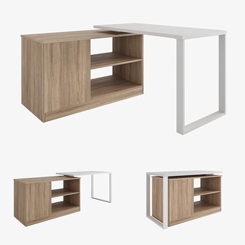 Drehbarer Schreibtisch Rio 3-in-1 – Platzsparender Eckschreibtisch, Kommode & Arbeitstisch – 360° Drehbar, 210 cm – Modernes Homeoffice & Kleines Büro (Weiß/Sonoma) von PLATAN ROOM