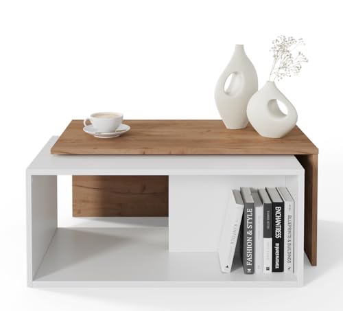 PLATAN ROOM Couchtisch Kaffeetisch 2er Set 90x48x40 cm, moderner Wohnzimmertisch, Sofatisch mit Stauraum, Satztisch (Eiche/Weiß) von PLATAN ROOM