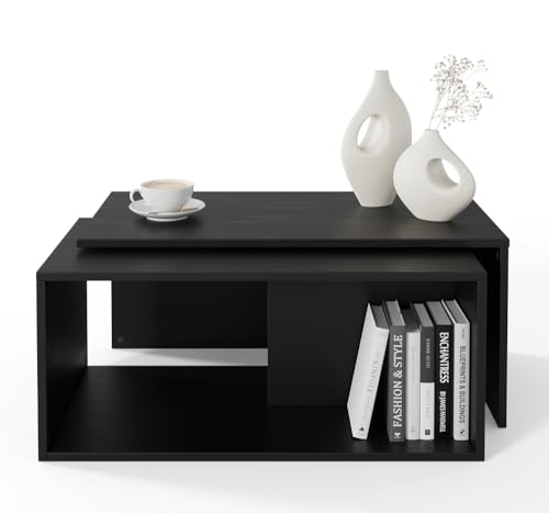 PLATAN ROOM Couchtisch Kaffeetisch 2er Set 90x48x40 cm, moderner Wohnzimmertisch, Sofatisch mit Stauraum, Satztisch (Schwarz) von PLATAN ROOM