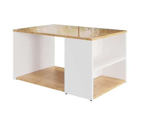 PLATAN ROOM Couchtisch Kaffeetisch Hochglanz Beistelltisch 90x60x47 cm | rechteckig Wohnzimmertisch | Sofatisch mit Stauraum | Eiche Gold Satztisch (Eiche Gold/Weiß Matt) von PLATAN ROOM