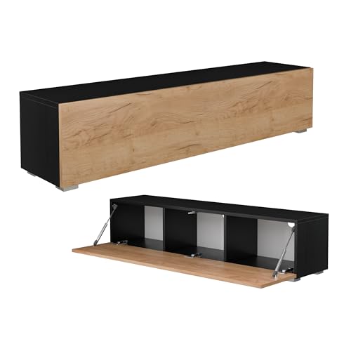 PLATAN ROOM Fernsehschrank TV-Lowboard 105/140 / 160/210 / 280 In Weiß Hängend Oder Stehend Hochglanz Matt (140 x 30 x 32, Schwarz Matt/Eiche Gold) von PLATAN ROOM
