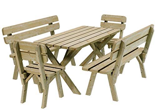 PLATAN ROOM Gartengarnitur Holz Kiefer Sitzgruppe 120 cm breit Gartenbank Gartentisch massiv Imprägniert (Set 2 (Tisch + 2 Bänke + 2 Stühle), 120 cm) von PLATAN ROOM