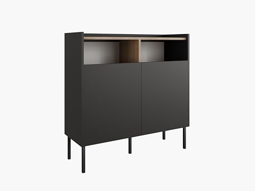 PLATAN ROOM Kommode 100 x 35 x 100 cm Sideboard mit Türen, Push-to-Open System, Metallfüße, Wohnzimmerschrank matt, aus Egger-Platte (Schwarz/Akazie Lakeland) von PLATAN ROOM