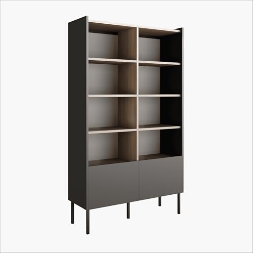 PLATAN ROOM Regal 100 x 35 x 173 cm – Standregal mit offenen Fächern und Türen, Bücherregal mit Push-to-Open, Metallfüße, Egger-Platte, Wohnzimmer Büro, matt (Schwarz/Akazie Lakeland) von PLATAN ROOM