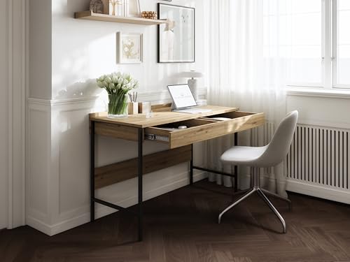 PLATAN ROOM Schreibtisch 90/120 x 55 – Moderner Loft-Stil mit Schubladen – Schreibtisch mit Metallbeinen – Kaschmir, Anthrazit oder Artisan-Eiche – Grifflose Optik (Eiche Artisan, 120 x 55) von PLATAN ROOM