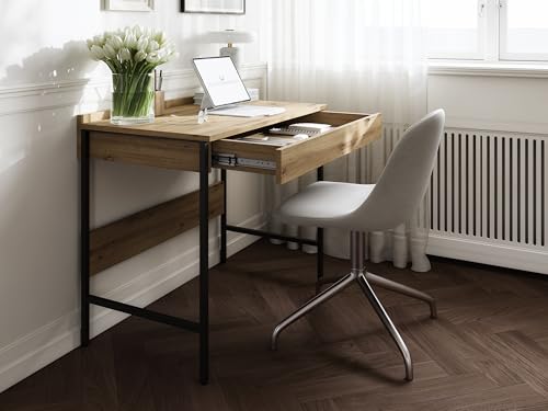 PLATAN ROOM Schreibtisch 90/120 x 55 – Moderner Loft-Stil mit Schubladen – Schreibtisch mit Metallbeinen – Kaschmir, Anthrazit oder Artisan-Eiche – Grifflose Optik (Eiche Artisan, 90 x 55) von PLATAN ROOM