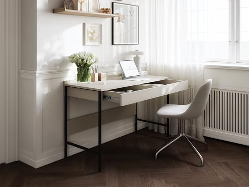 PLATAN ROOM Schreibtisch 90/120 x 55 – Moderner Loft-Stil mit Schubladen – Schreibtisch mit Metallbeinen – Kaschmir, Anthrazit oder Artisan-Eiche – Grifflose Optik (Kaschmir, 120 x 55) von PLATAN ROOM