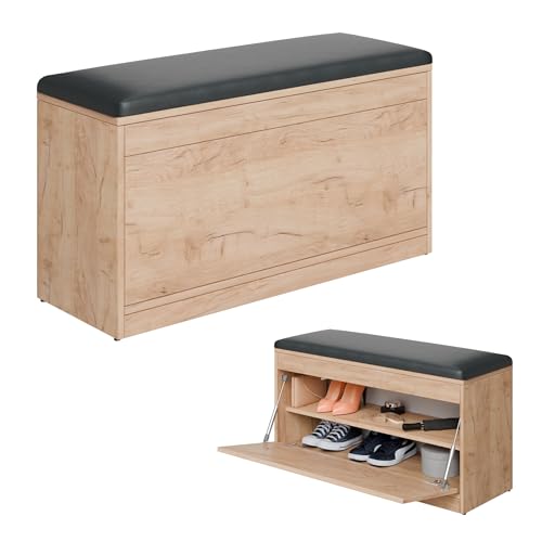 PLATAN ROOM Schuhschrank mit Sitzfläche 100 x 53 x 35 cm Schuhbank aufklappbar Sitzkommode Weiß Eiche Gold (Gold Eiche mit Anthrazit-Sitz) von PLATAN ROOM