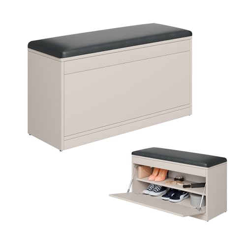 PLATAN ROOM Schuhschrank mit Sitzfläche 100 x 53 x 35 cm Schuhbank aufklappbar Sitzkommode Weiß Eiche Gold (Kaschmir mit Anthrazit-Sitz) von PLATAN ROOM