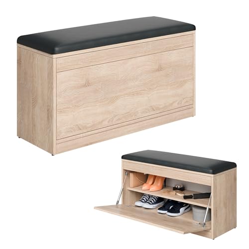PLATAN ROOM Schuhschrank mit Sitzfläche 100 x 53 x 35 cm Schuhbank aufklappbar Sitzkommode Weiß Eiche Gold (Sonoma Eiche mit Anthrazit-Sitz) von PLATAN ROOM