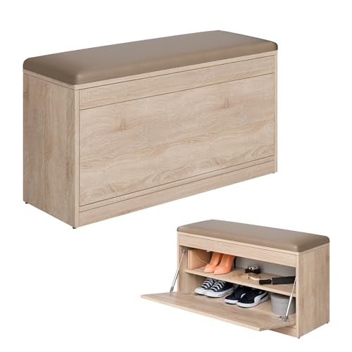 PLATAN ROOM Schuhschrank mit Sitzfläche 100 x 53 x 35 cm Schuhbank aufklappbar Sitzkommode Weiß Eiche Gold (Sonoma Eiche mit Cappuccino-Sitz) von PLATAN ROOM