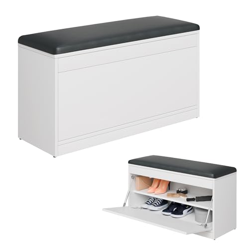 PLATAN ROOM Schuhschrank mit Sitzfläche 100 x 53 x 35 cm Schuhbank aufklappbar Sitzkommode Weiß Eiche Gold (Weiß mit Anthrazit-Sitz) von PLATAN ROOM