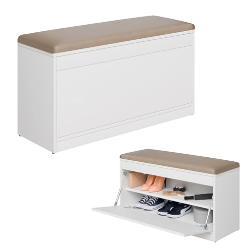 PLATAN ROOM Schuhschrank mit Sitzfläche 100 x 53 x 35 cm Schuhbank aufklappbar Sitzkommode Weiß Eiche Gold (Weiß mit Cappuccino-Sitz) von PLATAN ROOM