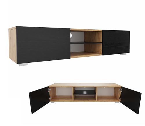 PLATAN ROOM TV Lowboard/Sideboard 140 cm breit Hängeschrank Fernsehschrank TV Kommode mit 2 Türen und offenem Fach in 5 Farbvarianten (Eiche Gold/Schwarz Matt, 140 cm breit) von PLATAN ROOM