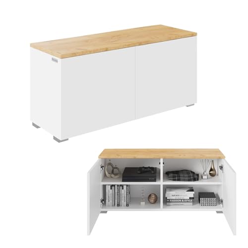 PLATAN ROOM TV Lowboard/Sideboard 90 cm breit mit Push-to -Open-Funktion Hängeschrank TV Kommode hängend oder stehend in Hochglanz oder Matt (Eiche Matt/Weiß Matt, 90 cm breit) von PLATAN ROOM