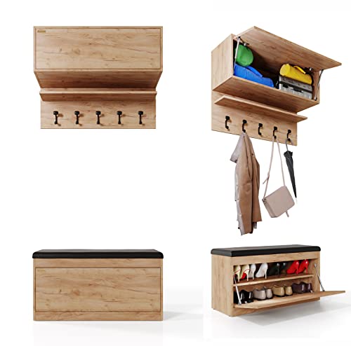 PLATAN ROOM Wand-Garderobe Set mit Garderobenpaneel & Schuhschrank & Hängeschrank 100 cm Flurgarderobe Garderobenset Flur Eiche Holz Weiß (3-TLG. Set, Eiche Gold) von PLATAN ROOM