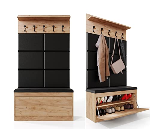 PLATAN ROOM Wand-Garderobe Set mit Garderobenpaneel & Schuhschrank & Hängeschrank 100 cm Flurgarderobe Garderobenset Flur Eiche Holz Weiß (3-TLG. mit 6 paneel, Eiche Gold) von PLATAN ROOM