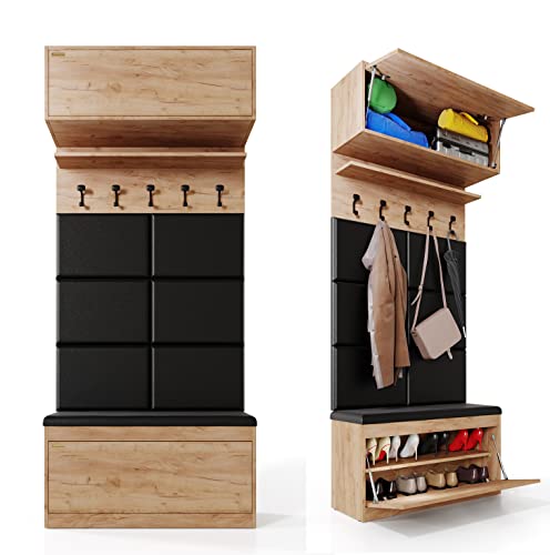 PLATAN ROOM Wand-Garderobe Set mit Garderobenpaneel & Schuhschrank & Hängeschrank 100 cm Flurgarderobe Garderobenset Flur Eiche Holz Weiß (Eiche Gold, 4-TLG. mit 6 paneel) von PLATAN ROOM