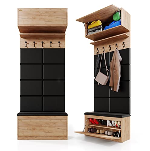 PLATAN ROOM Wand-Garderobe Set mit Garderobenpaneel & Schuhschrank & Hängeschrank 100 cm Flurgarderobe Garderobenset Flur Eiche Holz Weiß (Eiche Gold, 4-TLG. mit 8 paneel) von PLATAN ROOM