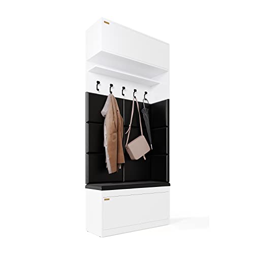 PLATAN ROOM Wand-Garderobe Set mit Garderobenpaneel & Schuhschrank & Hängeschrank 100 cm Flurgarderobe Garderobenset Flur Eiche Holz Weiß (Weiß, 4-TLG. mit 10 paneel) von PLATAN ROOM