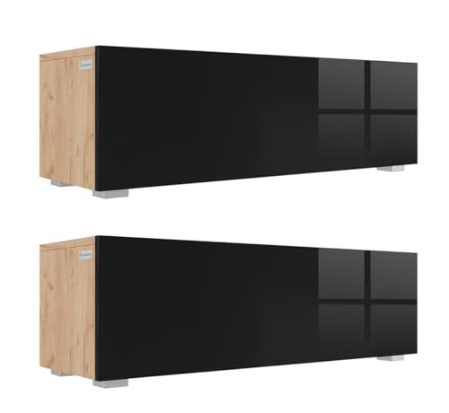 PLATAN ROOM Wandregal 105 cm breit hängende Nachtkommode Wandboard Nachttisch 2er Set Schweberegal Hängeregal Matt oder Hochglanz (2er Set, Eiche/Schwarz Hochglanz) von PLATAN ROOM