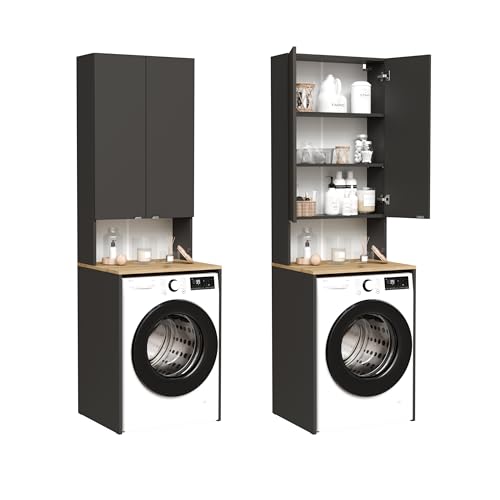 PLATAN ROOM Waschmaschinenschrank Badezimmer Hochschrank Überbauschrank für Waschmaschine und Wäschetrockner 210 x 65 x 50/56 cm weiß (Anthrazit/Eiche Artis, 56 cm tief) von PLATAN ROOM