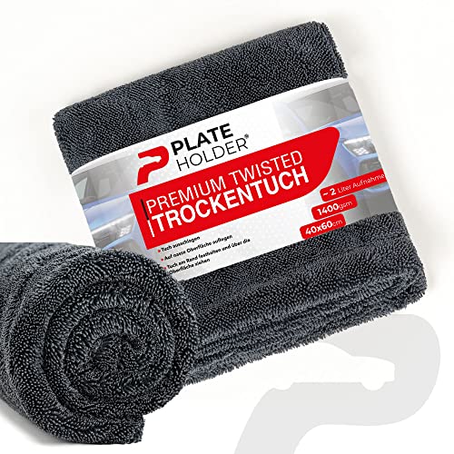 PLATEHOLDER® Premium Mikrofasertuch | Poliertuch | 40x60cm 1400 GSM | Ultra saugstark | Fusselfrei | abgerundete sanfte Fasern | kratzerfrei | groß | Trockentuch für Auto Motorrad Fahrrad von PLATE HOLDER