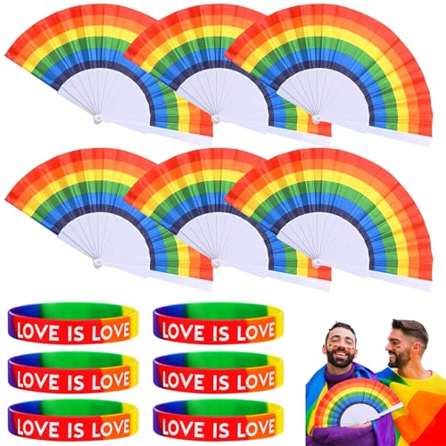 12 Stück Regenbogen Fächer Set Bunt Handfächer Regenbogen Fächer & Handgelenk Armbänder Set – 6 Fächer & 6 Armbänder – 23cm Fächer, 6,5 cm Armbänder, Bunte Farben für Partys & Feierlichkeiten von PLATEYTR