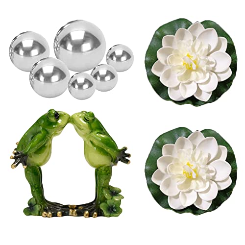 PLATEYTR Set mit 9 Miniteich Deko Set Schwimmfrosch mit für Miniteich Terrassenteich Zinkwannen Solarbrunnen Garten Balkon Teiche Deko 1 Frosch、6 Schwimmkugeln und 2 Schwimmend Lotusblüte(A-02) von PLATEYTR