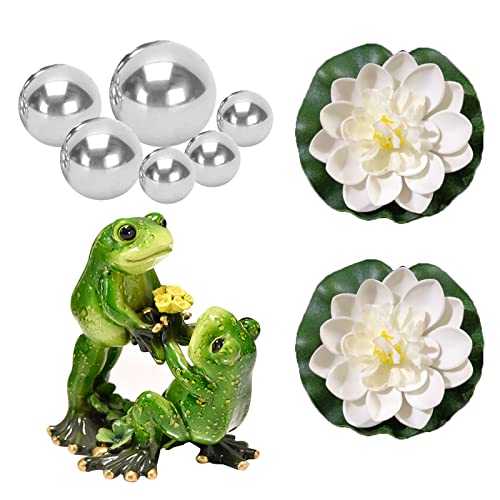 PLATEYTR Set mit 9 Miniteich Deko Set Schwimmfrosch mit für Miniteich Terrassenteich Zinkwannen Solarbrunnen Garten Balkon Teiche Deko 1 Frosch、6 Schwimmkugeln und 2 Schwimmend Lotusblüte(A-03) von PLATEYTR