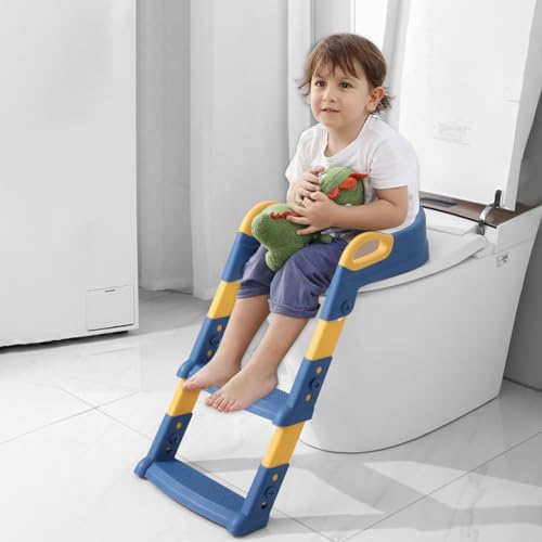 PLATINUM GOLD Kinder Toilettensitz, Toilettensitz Kinder mit Treppe, Klappbarer Reise-Badezimmersitz mit Spritzschutz, Töpfchensitz mit Leiter, Komfortabel, Einstellbar (Blue) von PLATINUM GOLD