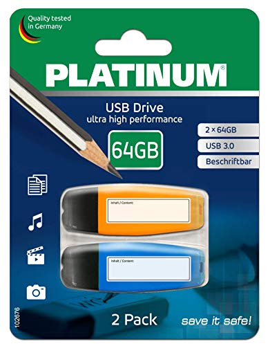 PLATINUM USB-Stick mit Beschriftungsfeld 64 GB 2-Pack USB Archiv 3.0 USB-Flash-Laufwerk - 2er Pack Speicher-Stick in Schwarz/Bunt Neon von PLATINUM